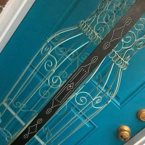 Genuine Leather Belt Buckle Metal Studded Rivets Micro Crystals Black - Picture 6 of 16